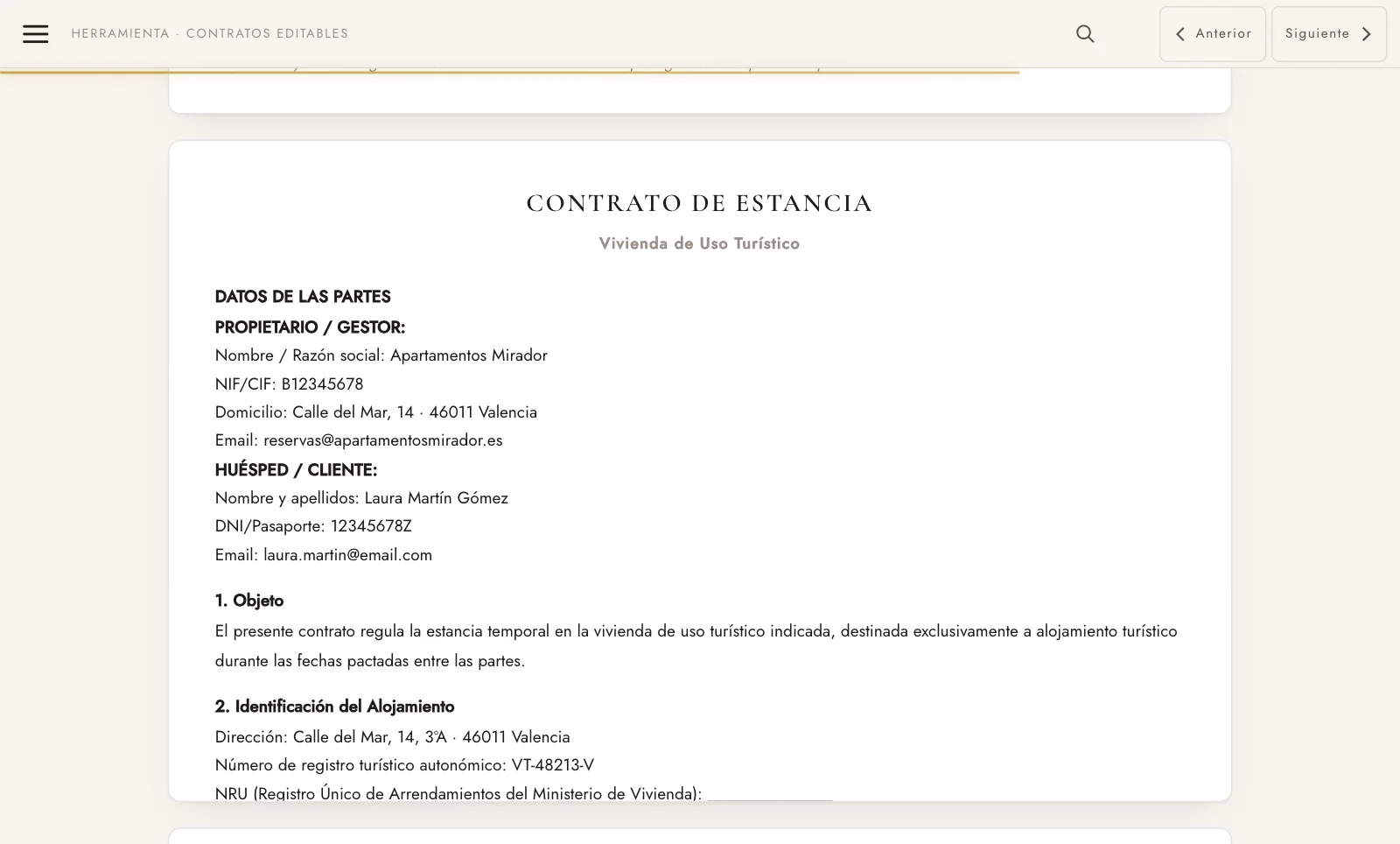 Contrato de estancia montado con tus datos y los del huésped